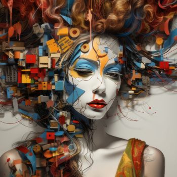 Display of AI-generated poetry artwork at an exhibition.